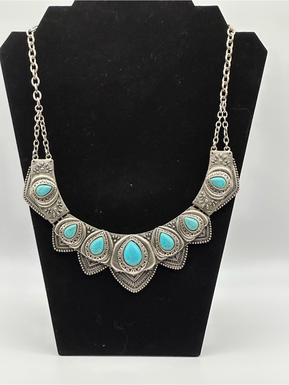 Turquoise Teardrop Statement Necklace - Silver Tone